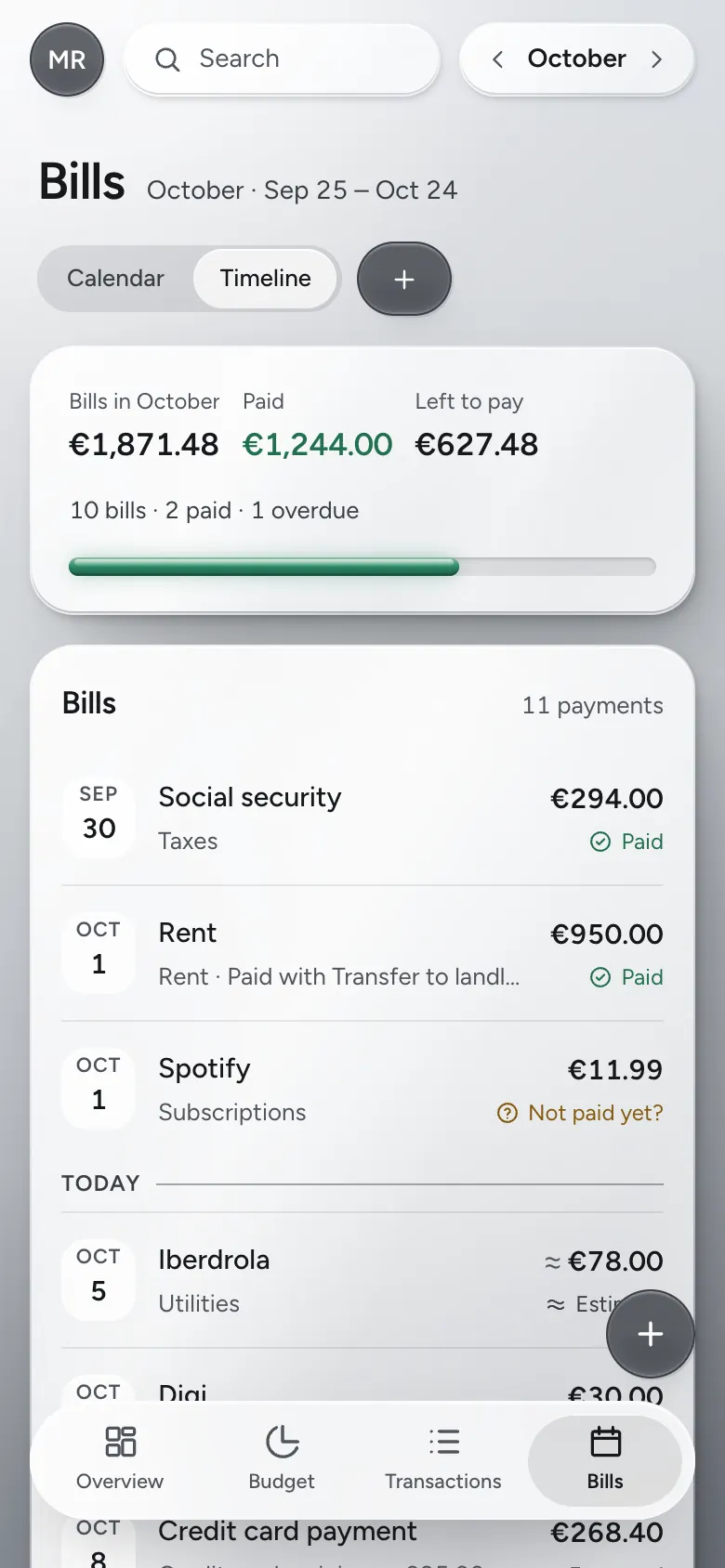 Ekran Bills na telefonie: płatności z miesiąca z datami, kwotami i statusem.