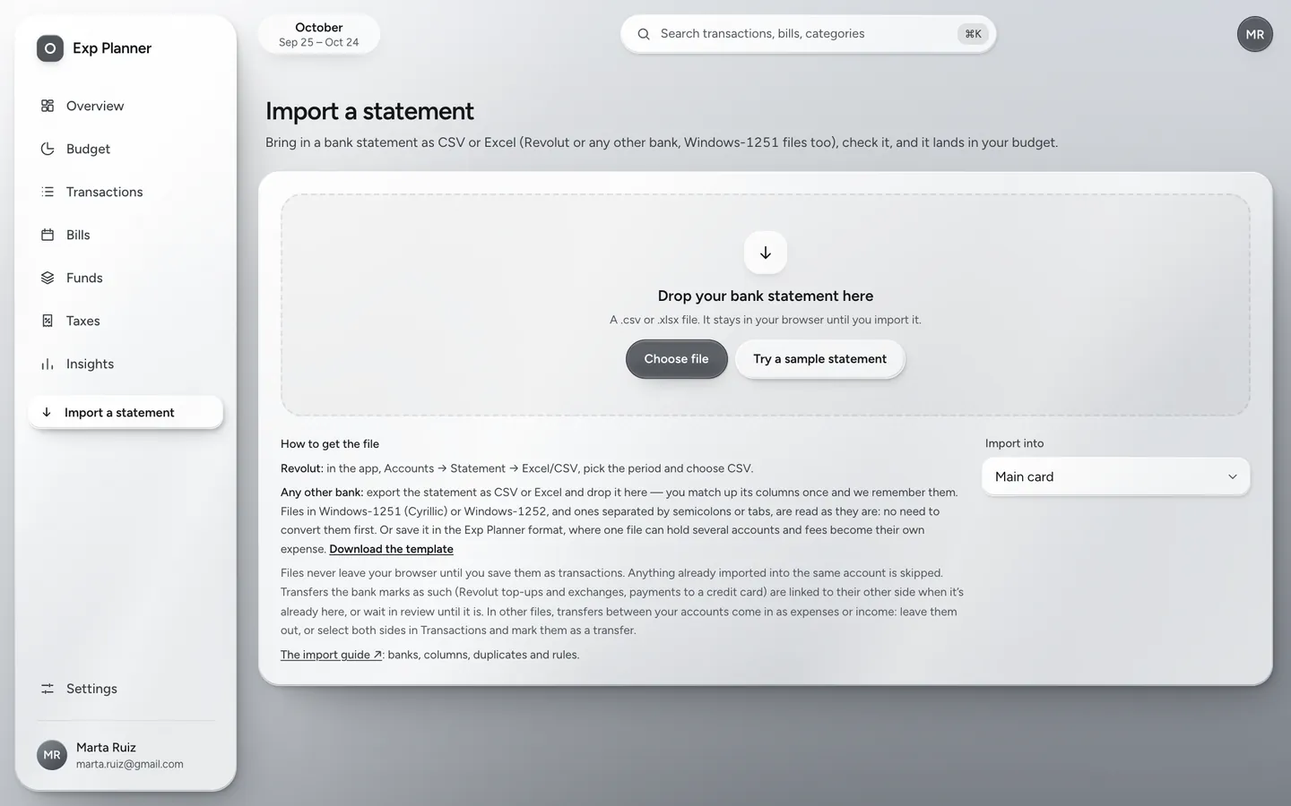 The Import screen: drop a bank statement in CSV or Excel to preview it before importing.