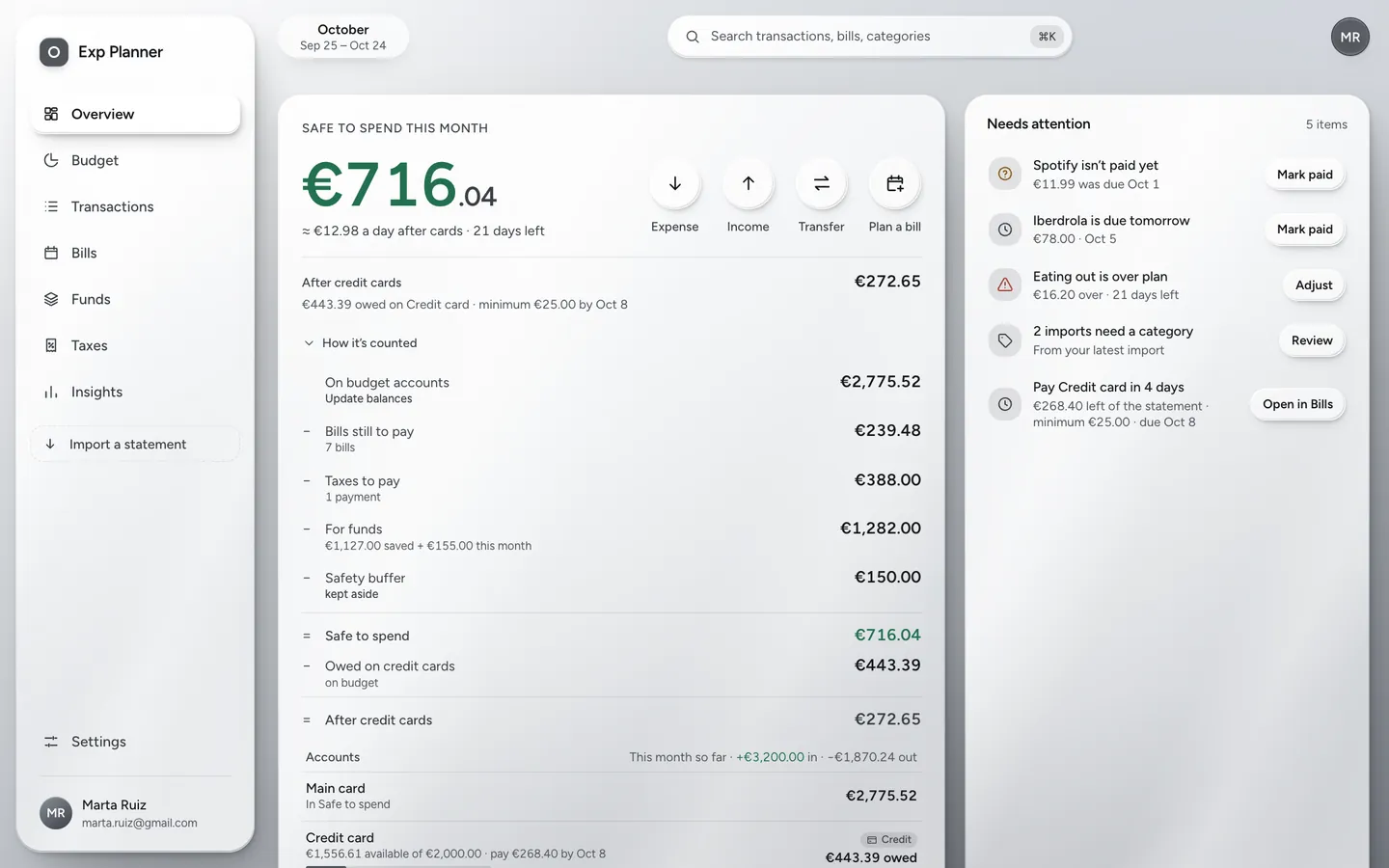 The Overview screen on a computer: €716.04 safe to spend this month with the Expense, Income, Transfer and Plan a bill buttons beside it, €272.65 after credit cards, how it’s counted, and what needs attention.
