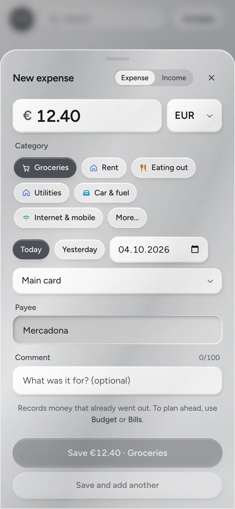 Quick add on a phone: €12.40 at Mercadona, Groceries, today.