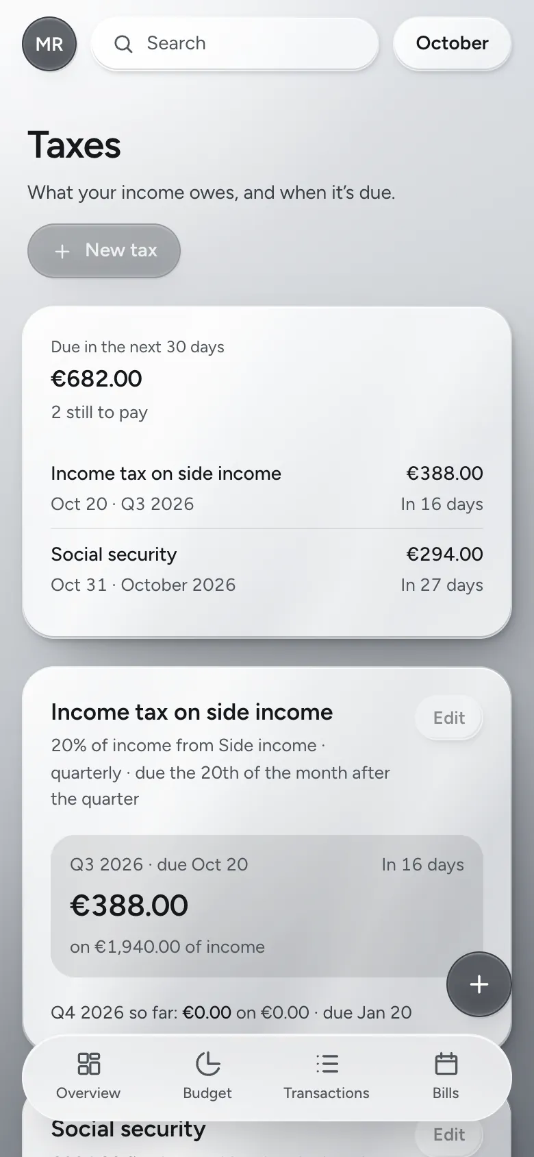 The Taxes screen on a phone: what’s due in the next 30 days and the next payment for each tax.